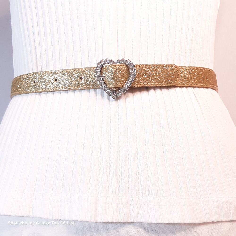 💎Golden Glitter Belt Womens Small Waist Rhinestone Studded Heart Shape Buckle